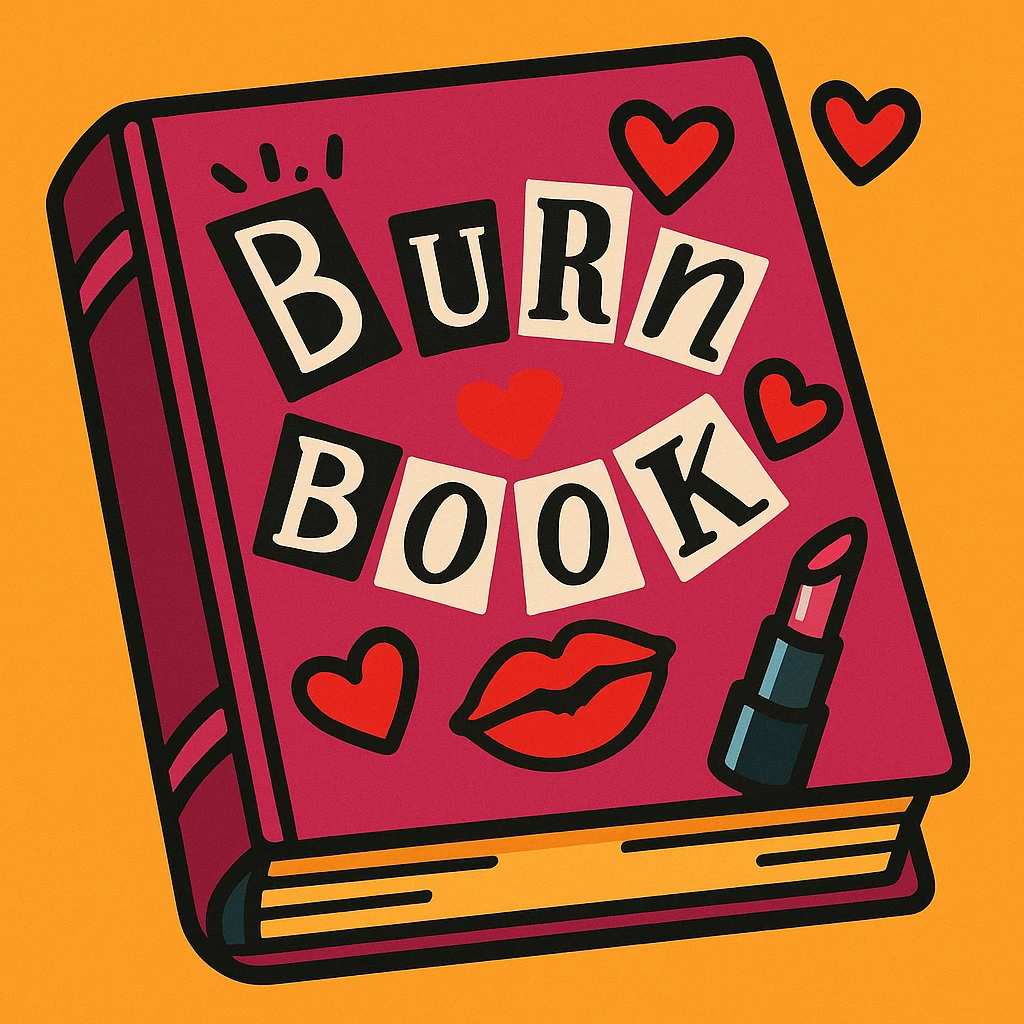 cartoonish burn book with a burgundy cover, inspired by Mean Girls, featuring hearts and lipstick marks emoji