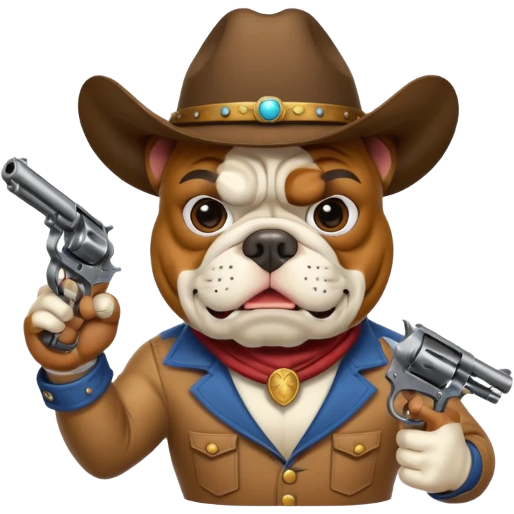 A bulldog wearing a cowboy hat, wearing a mask, pointing a revolver at you and telling you to hand over your money. emoji