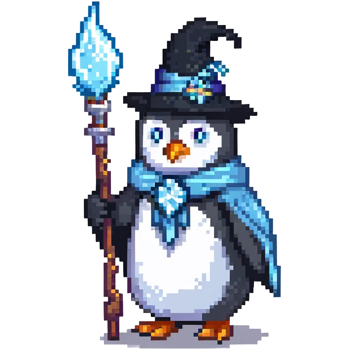 penguin wizard with ice staff casting frost emoji