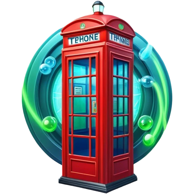 A red phone booth transformed into a time machine with glowing elements emoji
