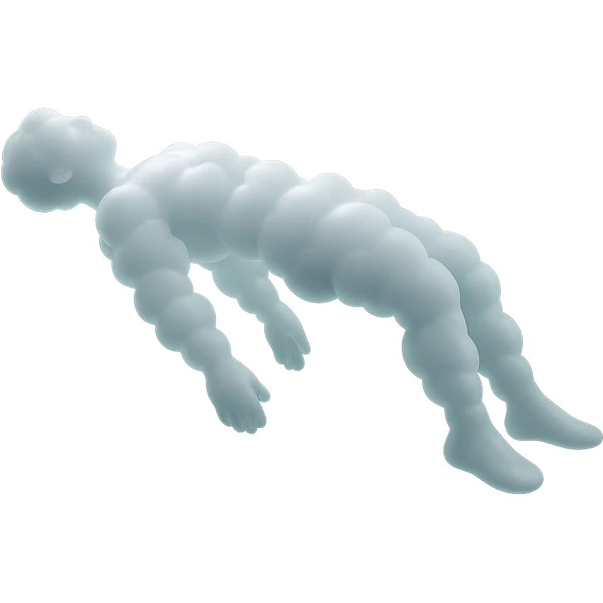 side view of unconscious person flying torso up, arms and legs down, made of small white fluffy clouds, matte glass style emoji