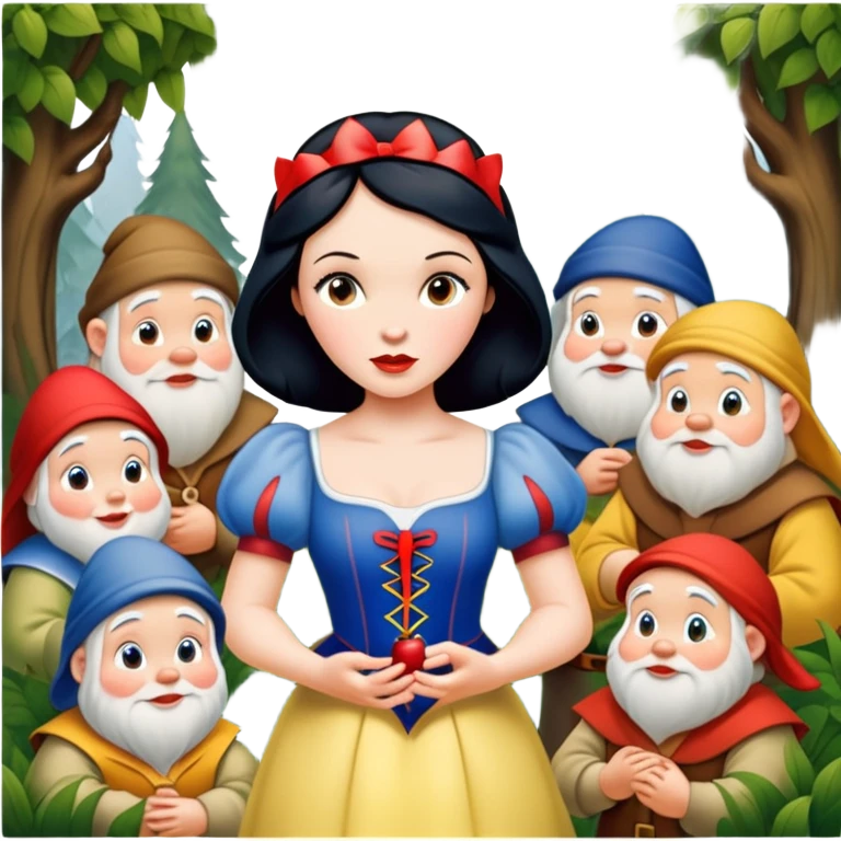Snow White standing gracefully in a lush forest, surrounded by the Seven Dwarfs emoji