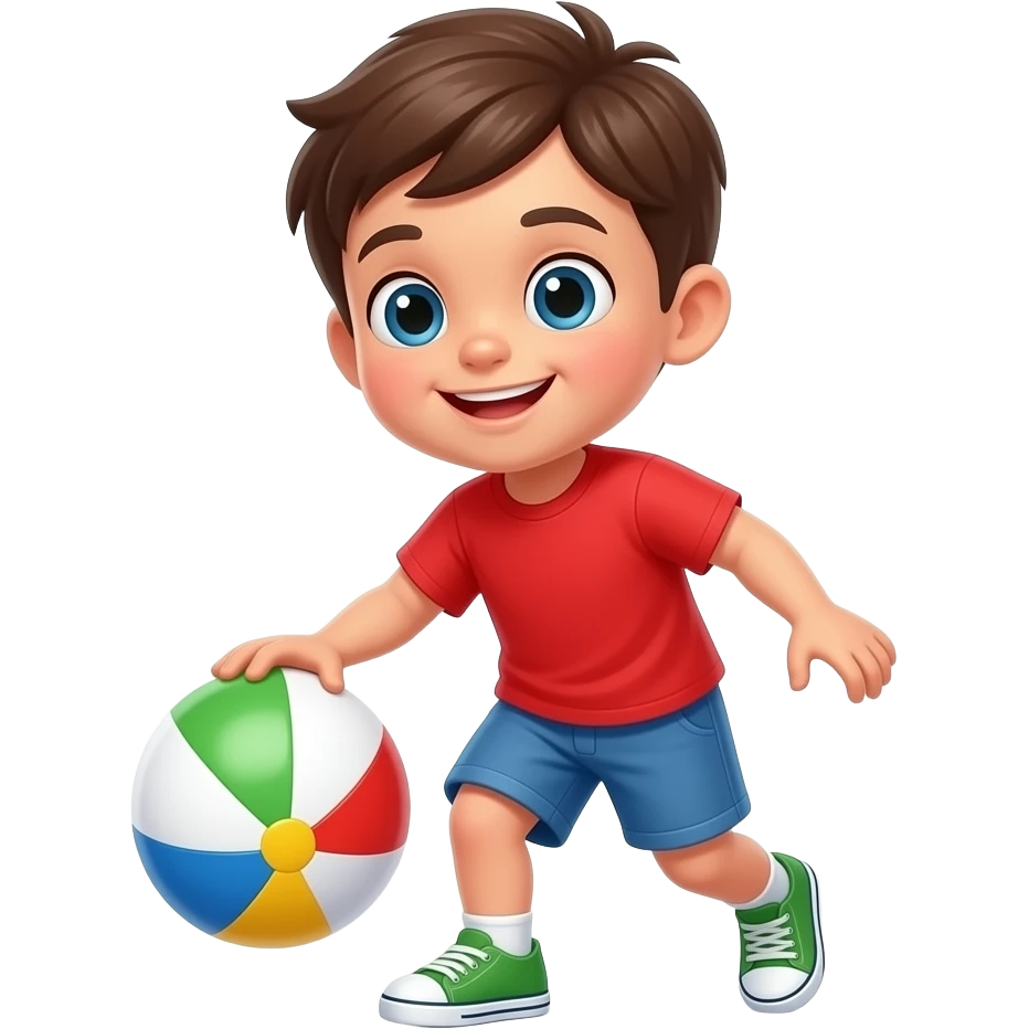 Kindergarten little boy with red T-shirt, blue shorts and green shoes playing with a beach ball toy emoji