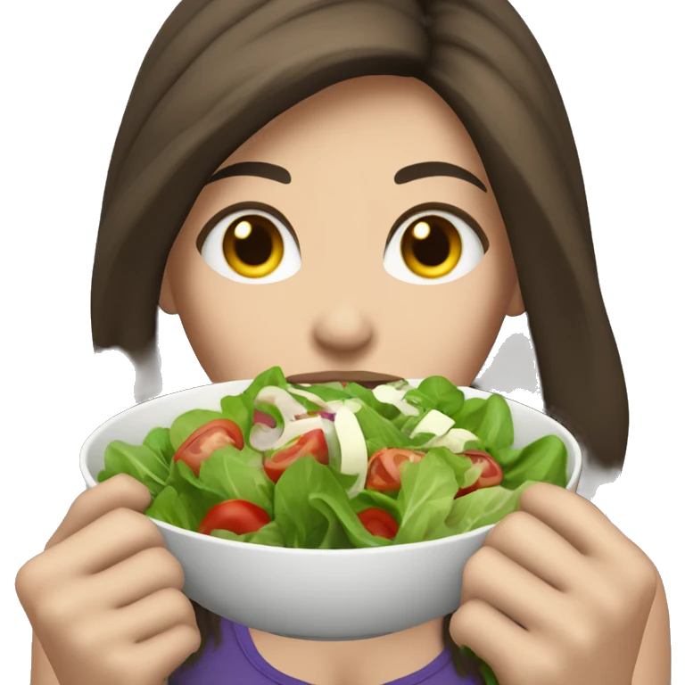 Muscle long hair brunette girl with pale skin eating salad emoji