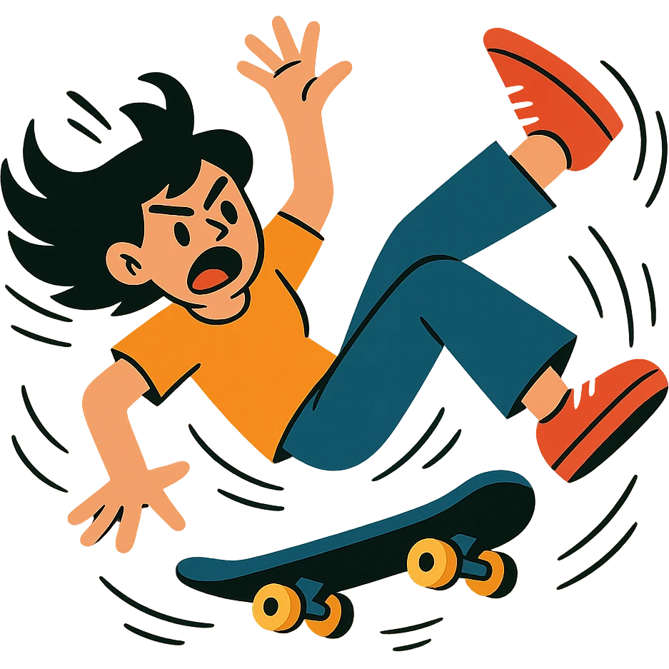 black-haired girl tumbling off a skateboard, dramatic motion, comic style, exaggerated movement emoji