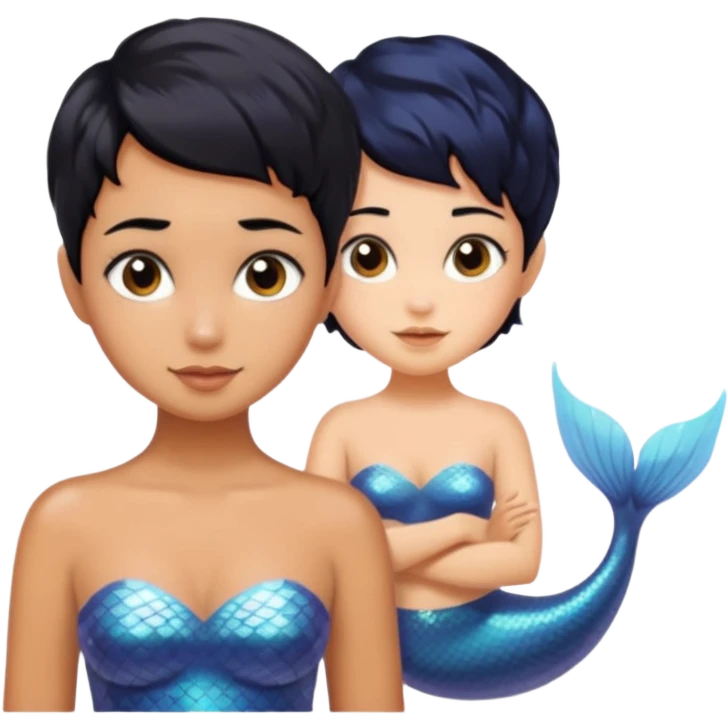 tanned skin, black haired, sibling mermaids, one with short hair and the other with pixie cut  emoji