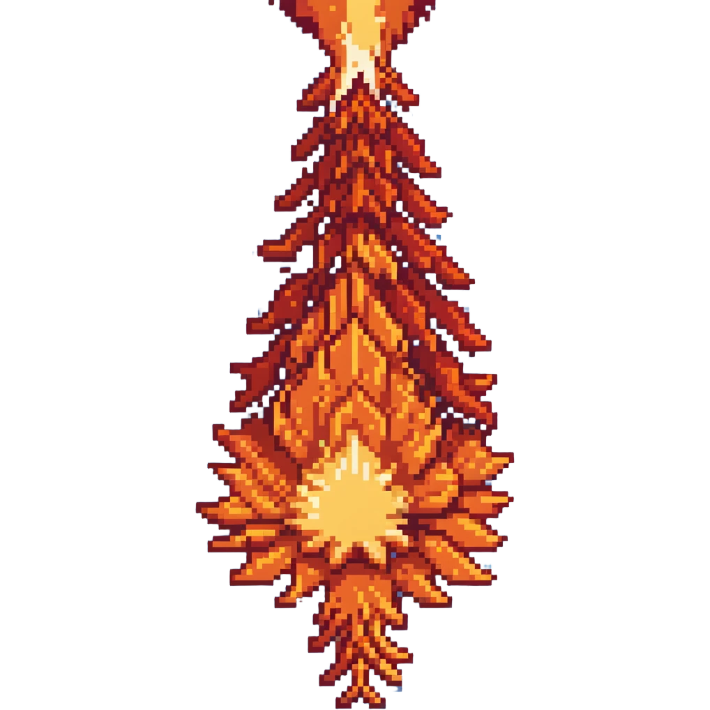 Bomberman downward-facing end-cap explosion tile, flames ending and tapering downward with pronounced flame wisps, orange/yellow with more red at the tips, extending about 70% into down direction emoji
