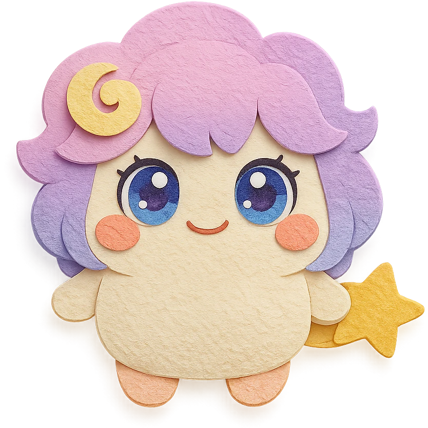 Stella Puff (星星噗噗) in super cute, soft, and adorable paper craft style, front view, acting cute and coquettish, big sparkling glassy blue-violet eyes, puffy pastel pink-purple gradient hair with a yellow star swirl, creamy white round body, coral pink blush, short arms and legs, soft golden star tail, clean lines emoji