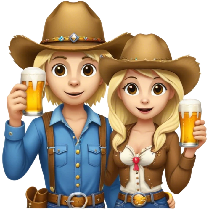 Farmer monkey holding a beer standing next to a blonde girl in cowgirl hat emoji