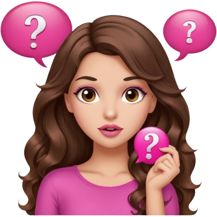 girl with long wavy brown hair, brown eyes, long lashes makeup, sexy pink lips, light to medium complexion, wearing a pink sexy top, shugging, question mark one speech bubble emoji
