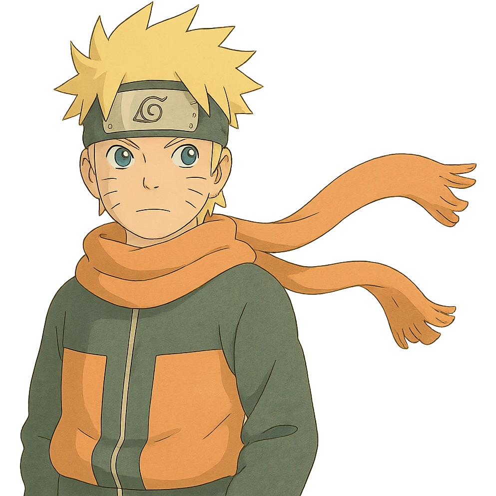 Ghibli style Naruto with soft colors and wind blowing scarf emoji