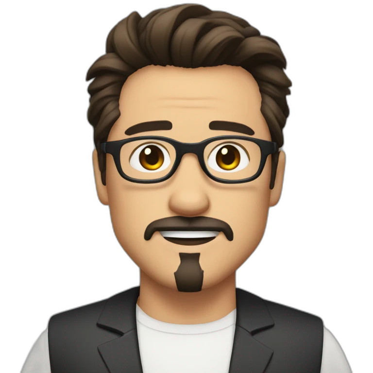 Man with black round frame glasses with Tony Stark hair style wearing white shirt with no moustache and beard emoji