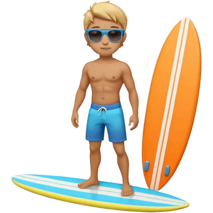 cute male surfer riding a wave, wearing shorts, sunglasses, holding balance, colorful surfboard, 3D cartoon, mobile game icon, clean background, no text emoji