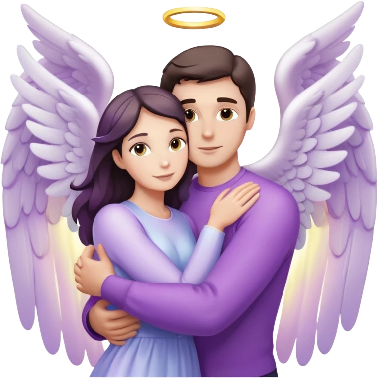 White brunette man light rays hugging a pastel purple woman angel emoji
