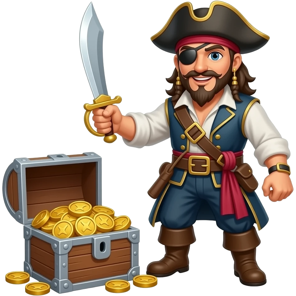 greedy pirate with a sword standing over a treasure chest emoji