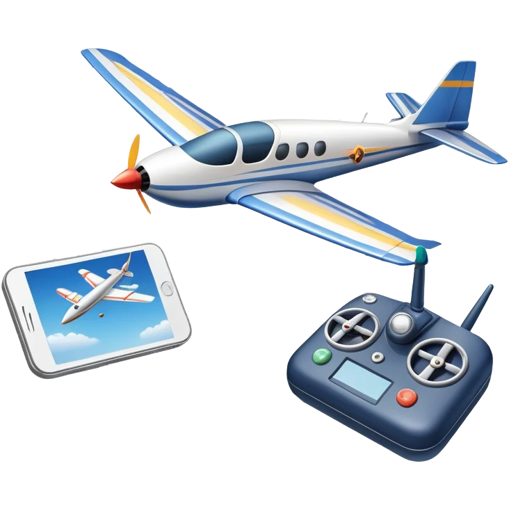 An icon featuring a remote-controlled model airplane soaring through the sky, with a detailed transmitter in the foreground. The sky is clear with motion lines showing flight. Transparent background emphasizes the precision, creativity, and joy of aeromodelling as a sport. emoji