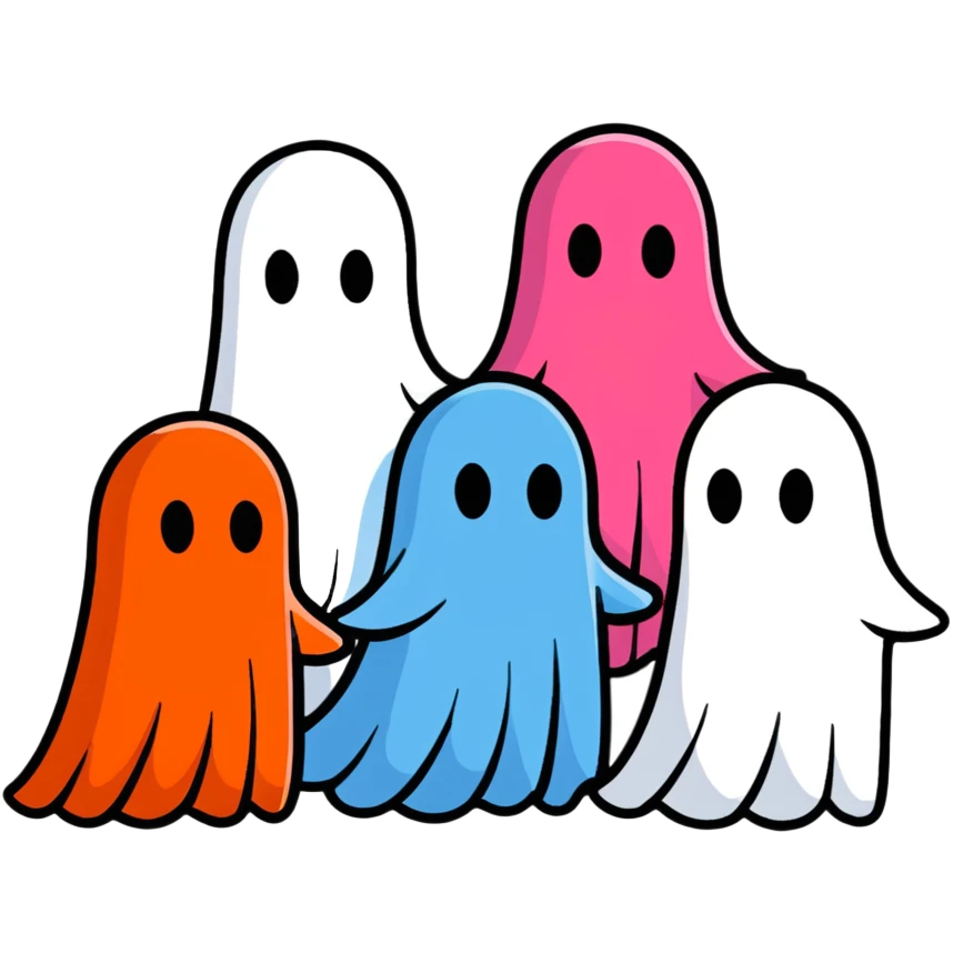 The four classic Pacman ghosts (red, pink, blue, and orange) lined up together emoji