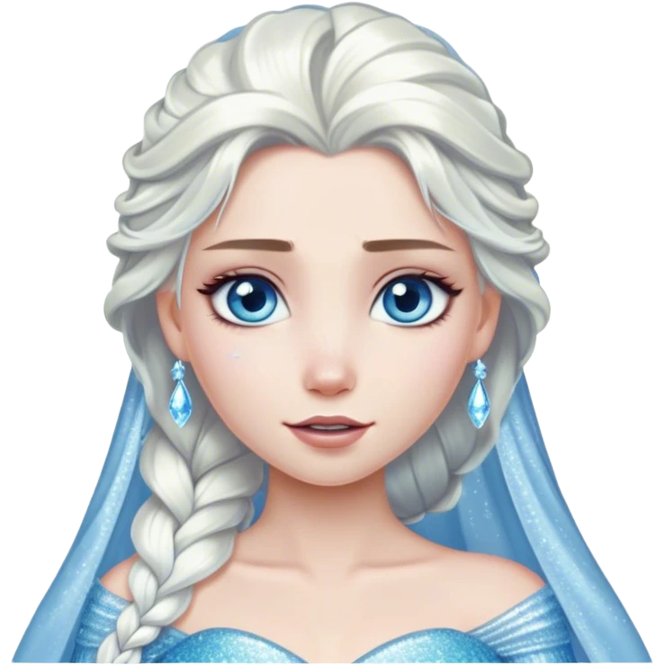 Cinematic Elegant Snow Queen Portrait Emoji, rendered in a realistic, vector-style with minimal shading and bold, simplified shapes. Depict Elsa (chest and above) with icy pale skin, long flowing platinum hair, and piercing blue eyes that exude quiet power, dressed in a shimmering ice-blue gown. The image glows with a soft, frosty radiance and high shine, capturing her ethereal, regal beauty. emoji