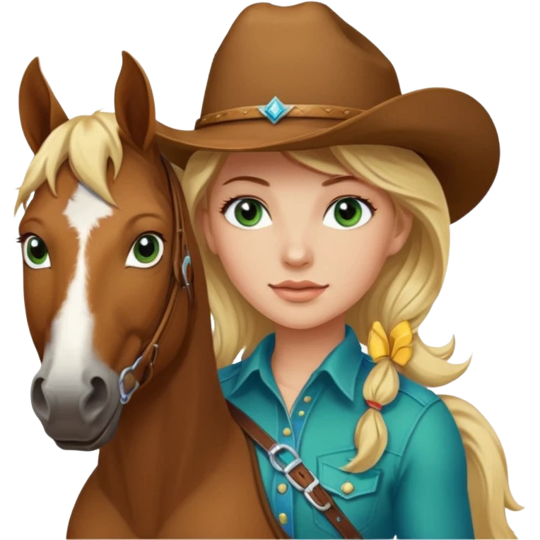 una cowgirl bionda con occhi azzurri/verdi sopra un quarter horse con criniera marrone emoji