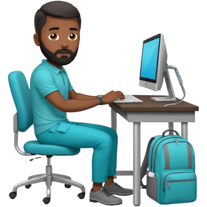 man with black short male hair and black hair and beard and hes in a office with his grey backpack on the floor and he has a tourquose polo shrit with gre dress pants and hes working at a hotel  hes on the co,ptuer  at his desk and he inly has one backpack its on the floo  WITH GREY PANTS emoji