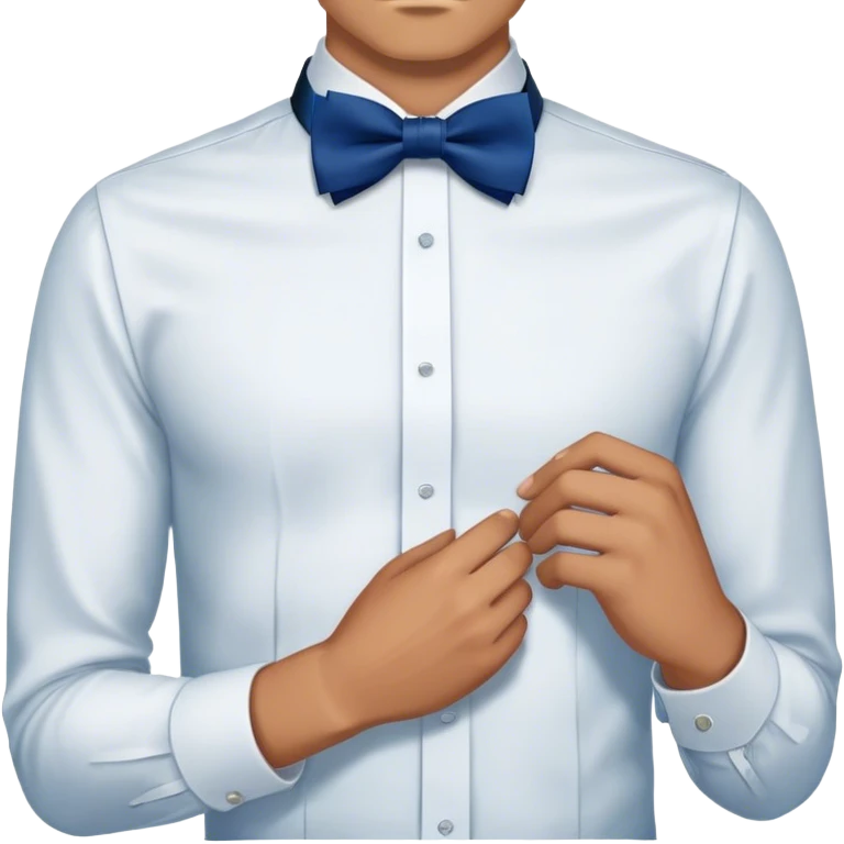 
a man's hand straightens a dark blue bow tie on the collar of a white shirt emoji
