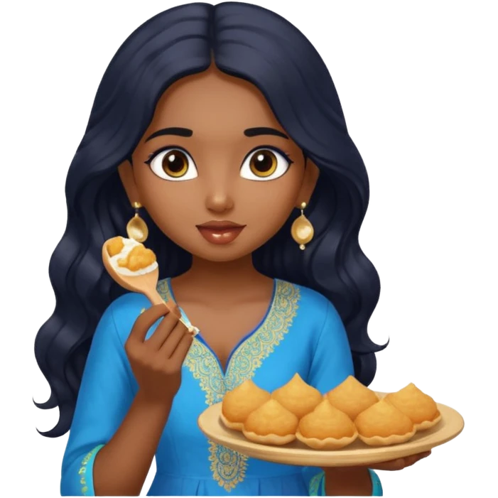 a pretty indian bratz girl with wavy long black hair. eyeliner on, wearing a blue kurti, eating golgappa (without spoon) emoji