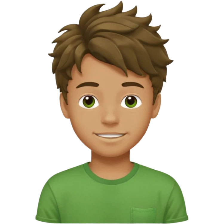 A teenage boy, tanned, wearing a green t-shirt , blue jeans and green sneakers with brown wavy tousled hair, smirking emoji