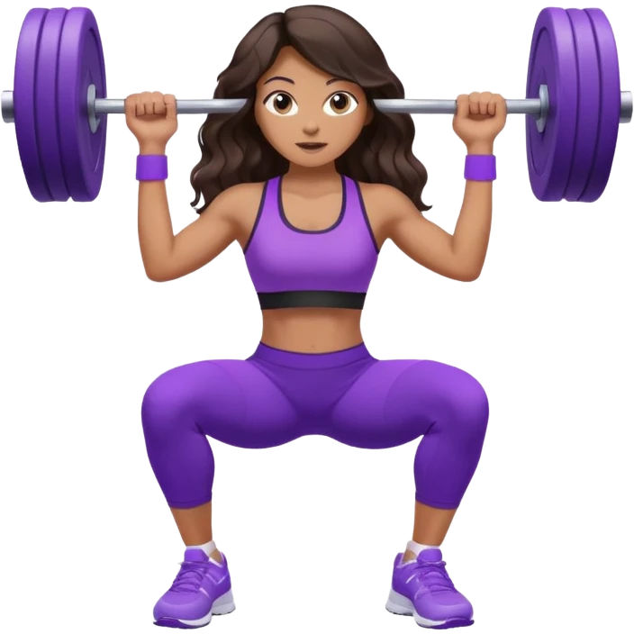 mujer de tez trigueña, con cabello castaño oscuro ondulado hasta la cadera estilizado, con ropa deportiva morada/lila, tenis blancos deportivos y levantando una pesa emoji