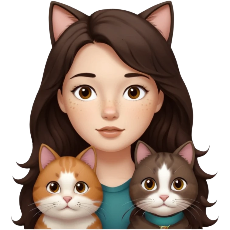 Uzun koyu kahverengi dalgalı saçlı, çenesinde beni olan ve yüzünde biraz çiller olan, iri koyu kahverengi bol kirpikli gözlü sevimli bir yüzü katlı kesim bir saçı olan kadın yap yanına da kilolu tamamen kahverengi bir kedi yap emoji