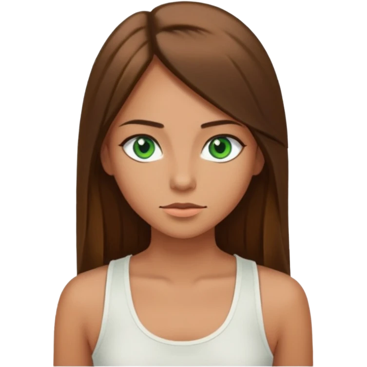A girl with long brown straight hair, green eyes, and a white tank top; she doesn't have bangs. tan skin emoji