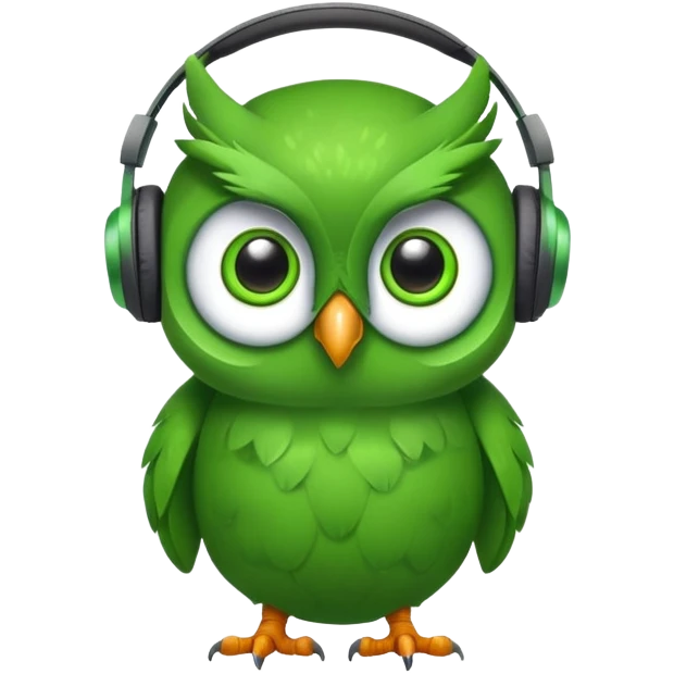 green pea wearing headphones in the style of the duolingo owl mascot with big eyes emoji