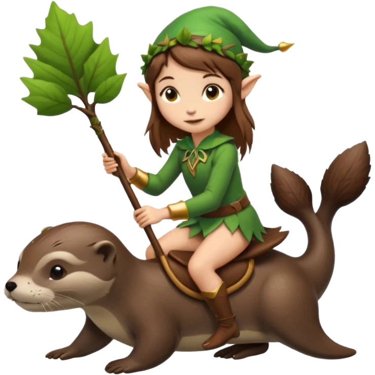 tiny forest elf girl brown straight hair with riding an otter emoji