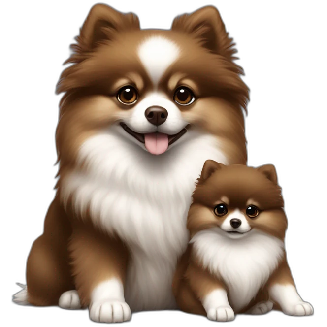 4 dark brown pomeranian puppies nursing from white pomeranian mother dog emoji