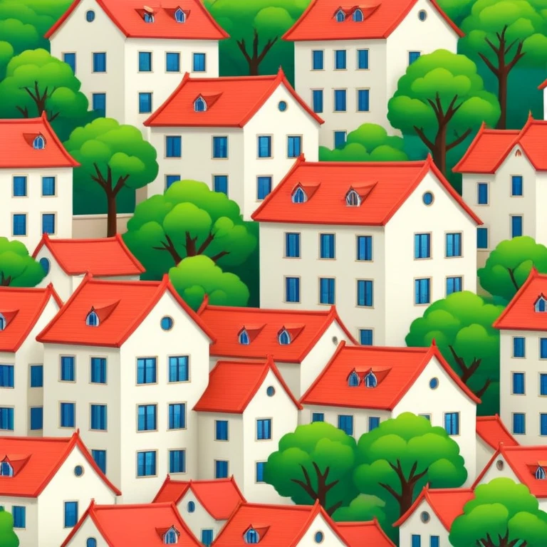 Qingdao European style buildings in Badaguan area with red roof and green trees, simplified emoji style with bold outlines and bright colors, cartoon style German architecture emoji