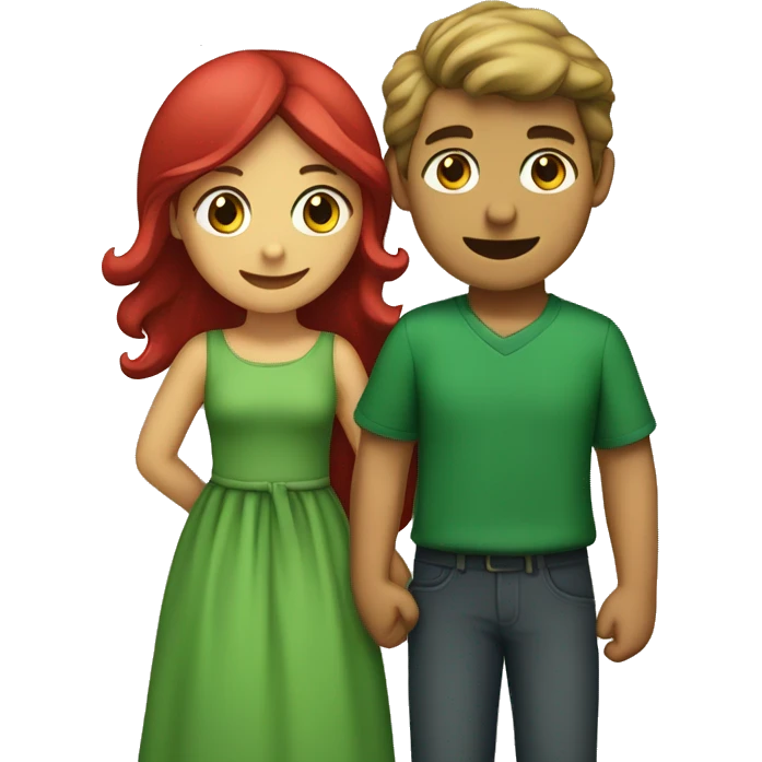 Crete an emoji a couple (boy with green dress, girl with red dress) hugging each other. Boy green dress, girl red dress  emoji