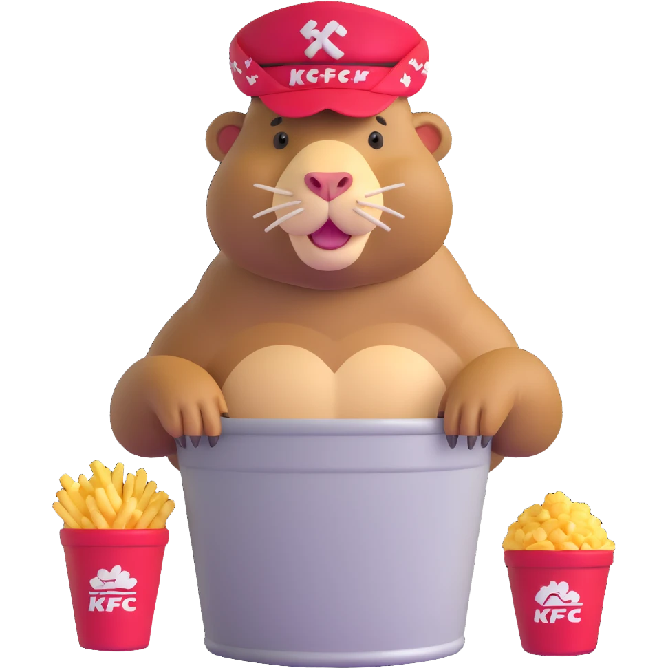 Muscular capybara with Johnny Depp features, goatee, bandana, earrings, sitting in a KFC bucket emoji