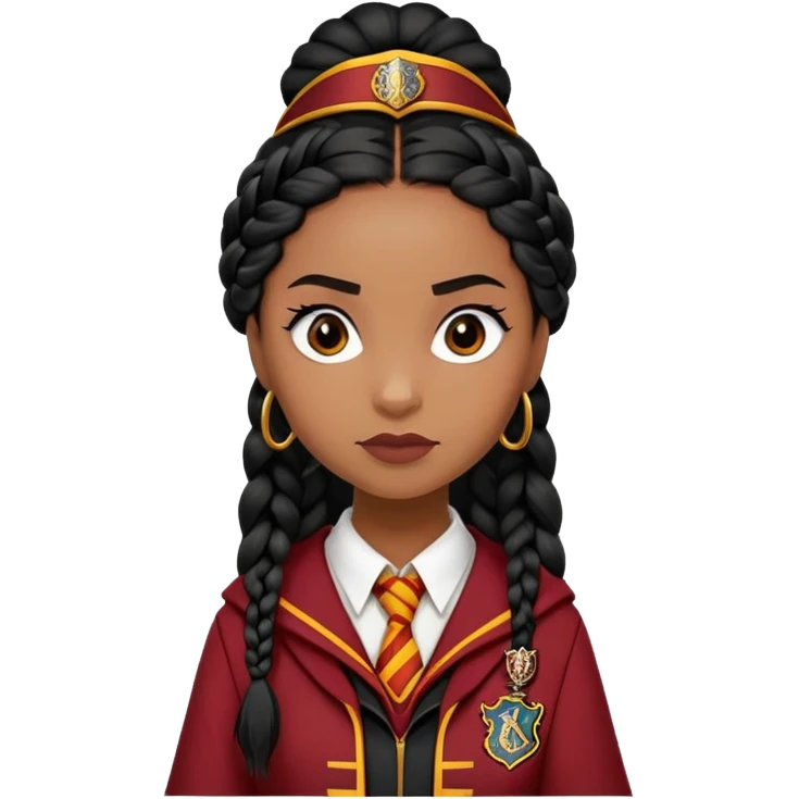Angelina Johnson in harry potter, wear hogwarts gryfindor uniform,  thick, black hair worn in braids, reflecting her bold, stylish, and strong personality emoji