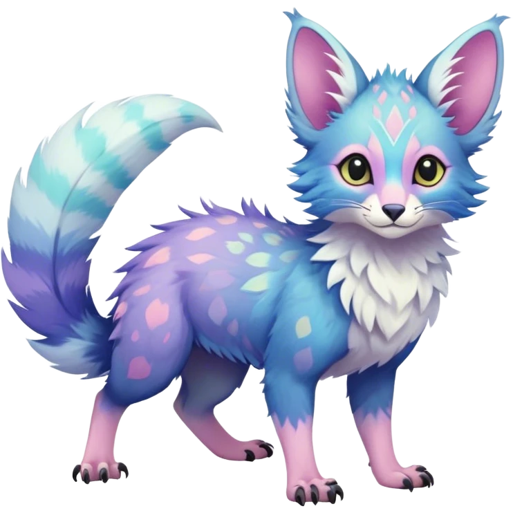 Feral Rare Fantasy vibrant pastel Vernid-Trico-species by LiLaiRa, random markings, tufted tail, tufted ears, full body emoji