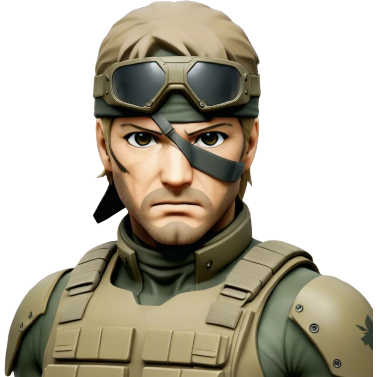 Cinematic Realistic Metal Gear Solid Snake Soldier Portrait, head tilted epicly and inquisitively, showcasing a commanding presence and tactical acumen. His weathered face, intense eyes, and meticulously rendered combat gear in muted earth tones are brought to life with lifelike clarity and dramatic lighting, high shine, epic and awe-inspiring, embodying the covert prowess of a true warrior of the shadows. emoji