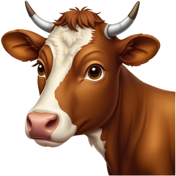 Cinematic Noble Brown Cow Portrait Emoji, Poised and regal, with a large, sturdy build and a smooth, well-groomed deep brown hide, deep-set soulful brown eyes, Simplified yet sharp and sophisticated features, highly detailed, glowing with a soft, dignified glow, high shine, intelligent and calm, stylized with an air of pastoral majesty, focused and attentive, soft glowing outline, capturing the essence of a watchful and confident bovine guardian, so majestic it feels as though it could amble out of the screen with effortless authority! emoji