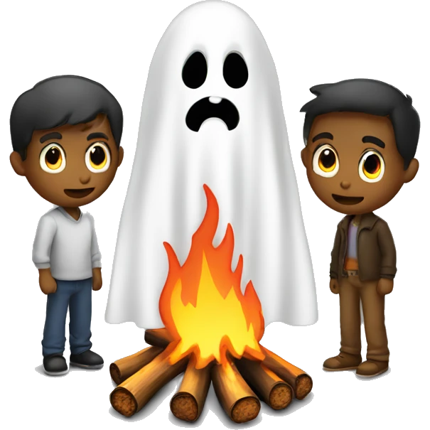 Ghosts stare at man around bonfire emoji