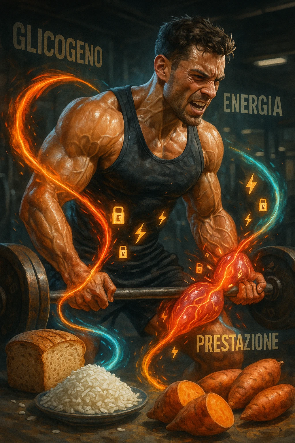 Uomo atletico di circa 30 anni durante un allenamento intenso in palestra, con muscoli ben definiti e sudati. Intorno a lui si visualizzano flussi energetici colorati che partono da fonti di carboidrati (pane integrale, riso, patate dolci) e si dirigono verso i suoi muscoli. I muscoli appaiono attivi, tesi e in pieno sforzo, con piccoli simboli di 'carburante' o energia che entrano nei tessuti. Espressione concentrata e potente. Sullo sfondo, parole come 'glicogeno', 'energia', 'prestazione'. Atmosfera dinamica, intensa e positiva. in italiano emoji