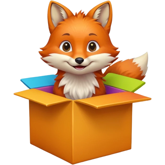 smiling fox peeking out of a colorful box, looking up, emoji style emoji