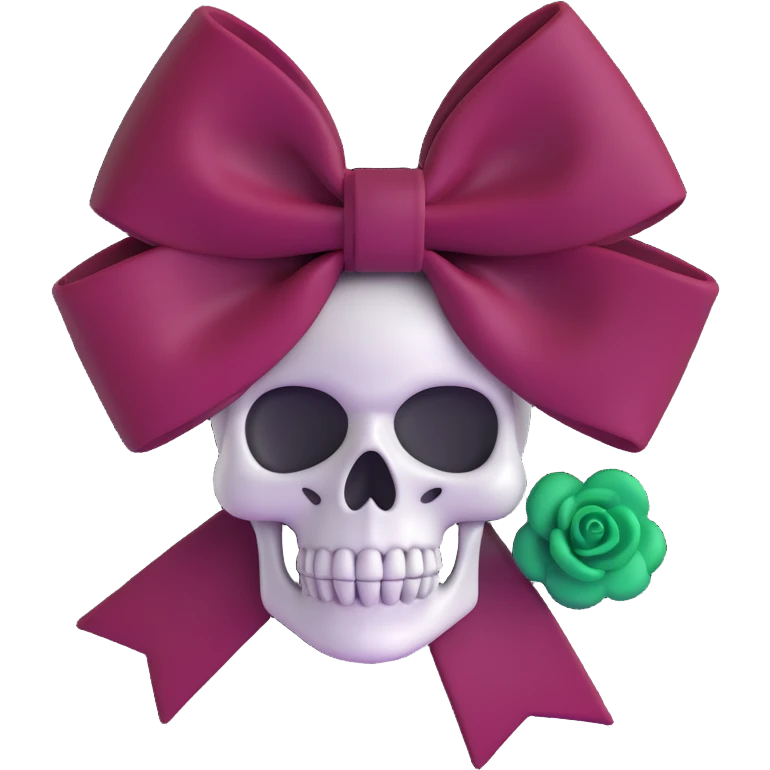 3D emoji gothic bow, deep garnet velvet, silver skull charm, black rose center, rich and gothic emoji