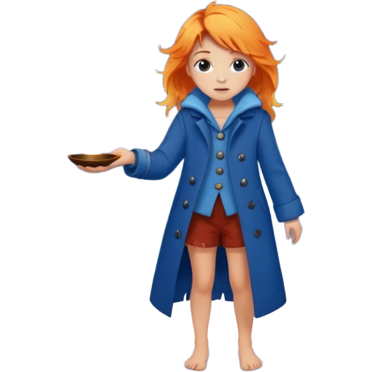 A barefoot girl in a tattered blue coat, cupping a tiny flame gently while snowflakes fall on her hair.
 emoji