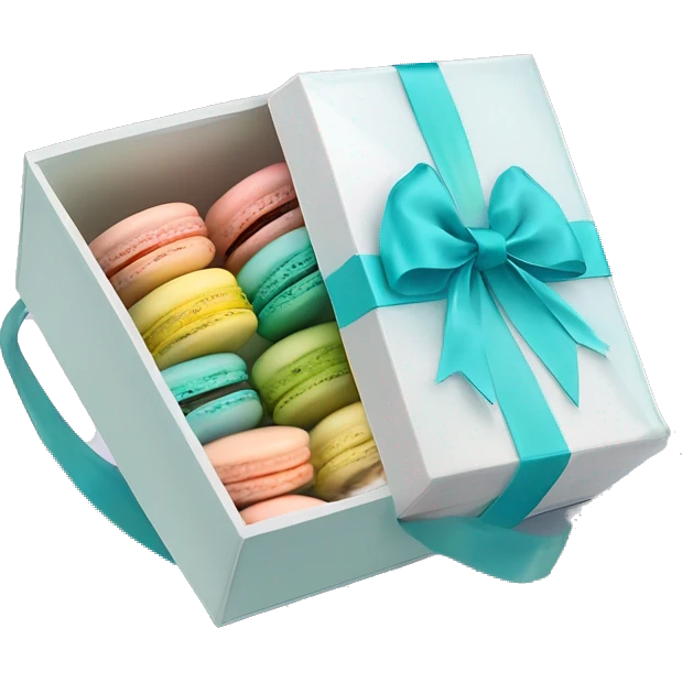 Realistic transparent plastic box with a tiffand blue ribbon and bow around the box and pastel macarons inside of it. emoji