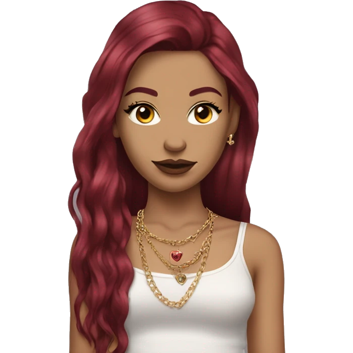 Pale girl with long burgundy hair, long eyelashes and has tattoos. She is wearing a crop top shirt and gold chain necklace and diamond earrings  emoji