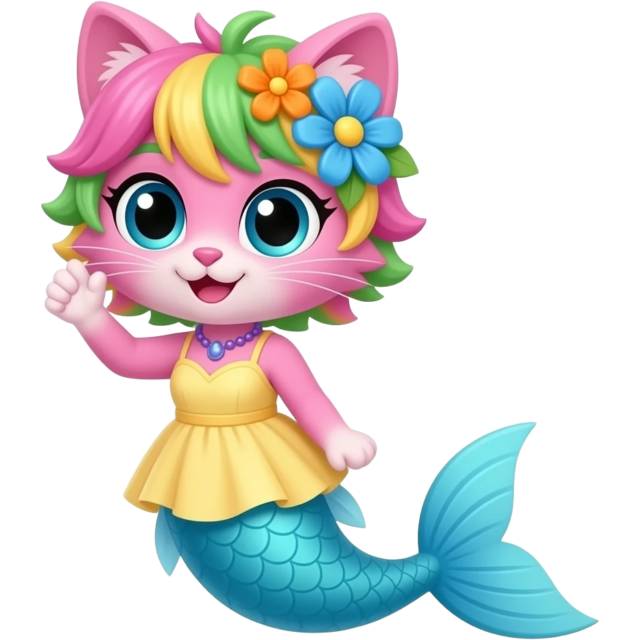 cartoon Male pink anthro cat  with pink and green and yellow hair blue flower orange flower crown with light purple necklace  light yellow dress attached to cyan  and light blue mermaid tail with dark blue fins emoji