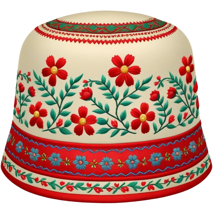Fergana Valley style doppa hat with red base and floral designs emoji