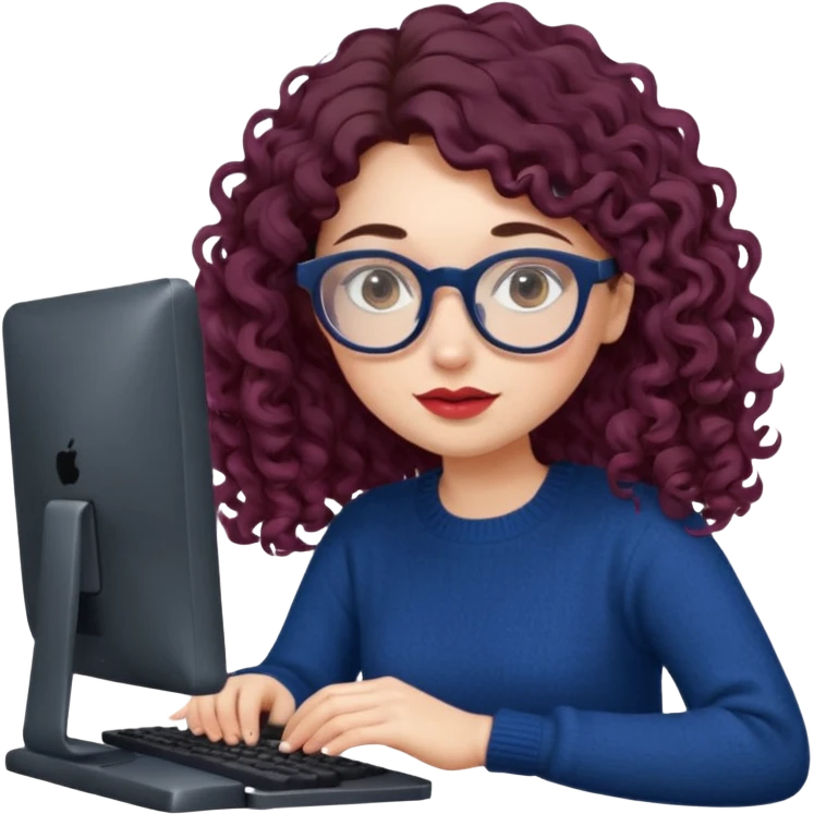 a european white young woman with very long wavy dark brown/chocolate hair with curls at the end of her long hair typing in a computer. she's using round glasses, her lips are light red and her cheeks slightly pink. Her eyes are dark brown. She's using a dark blue knit sweater  emoji
